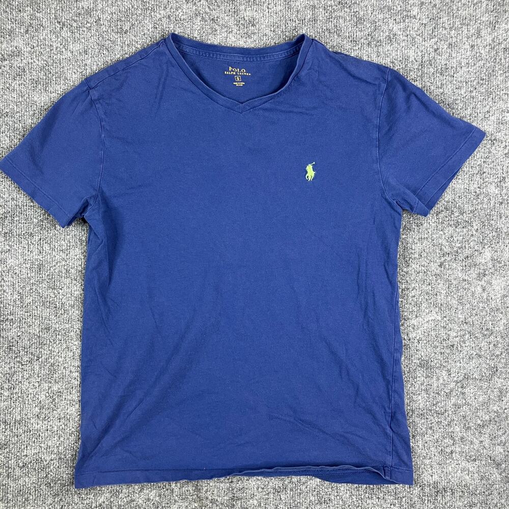 Polo Ralph Lauren T-Shirt Mens S Blue V-Neck Green Embroidered Logo Casual